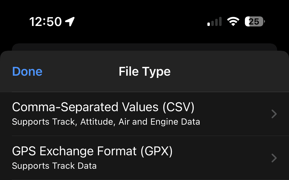 Import file format selection showing CSV and GPX options for native app data