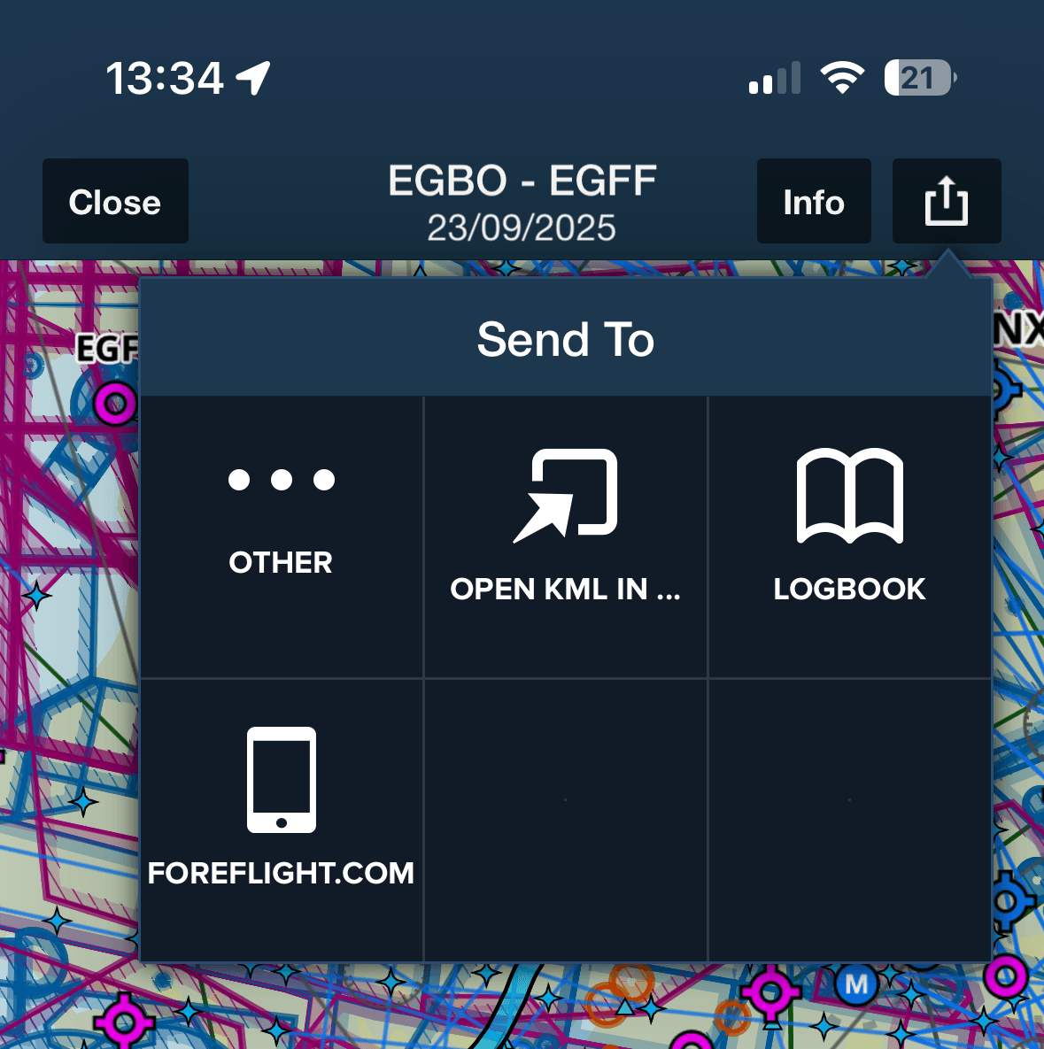 ForeFlight native app Send To panel with CloudGA as a destination option