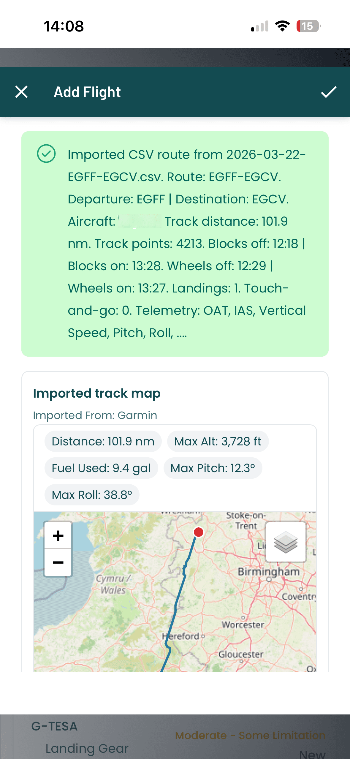 CloudGA flight import showing Garmin Pilot CSV data summary with map overlay