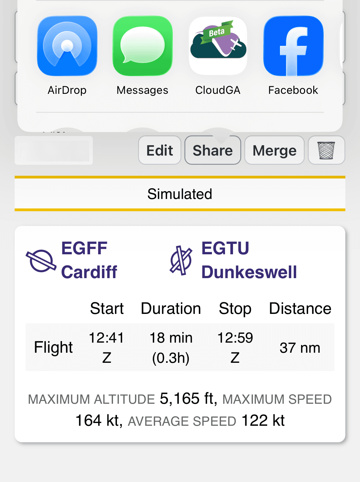 SkyDemon native app share sheet showing CloudGA as a destination